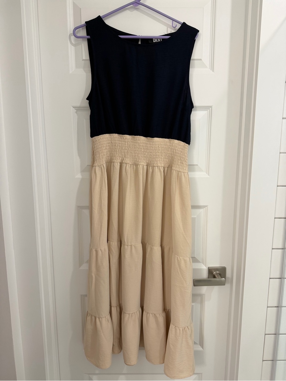 DKNY Navy and Cream Colorblock Tiered Dress